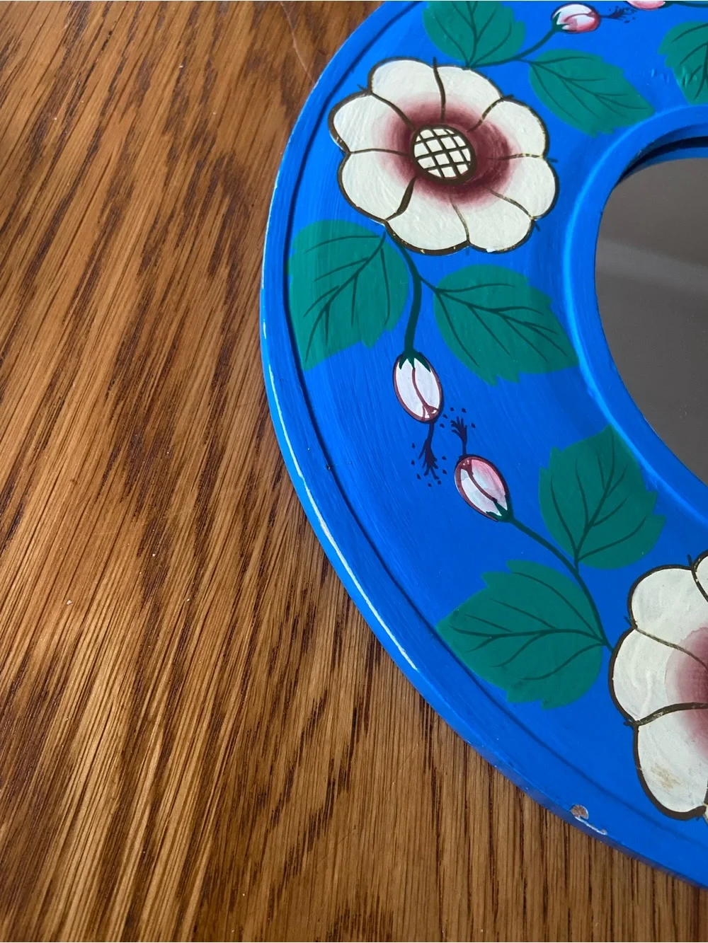 Vintage Folk Art Hand-Painted Blue Floral Round Wall Mirror
